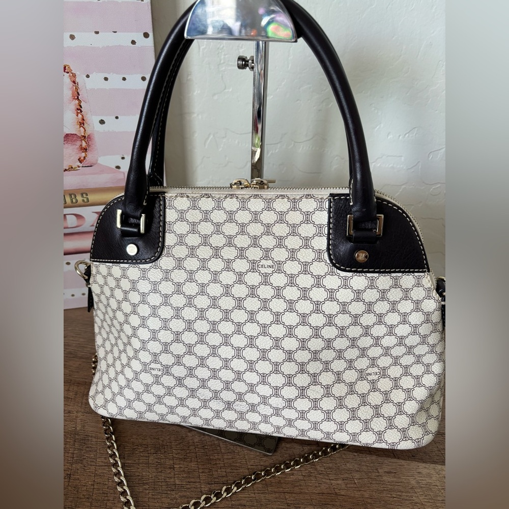 Celine Coated Canvas Macadam Dome Bag Cream and Dark Brown Bag with Gold Accents - Picture 2 of 14